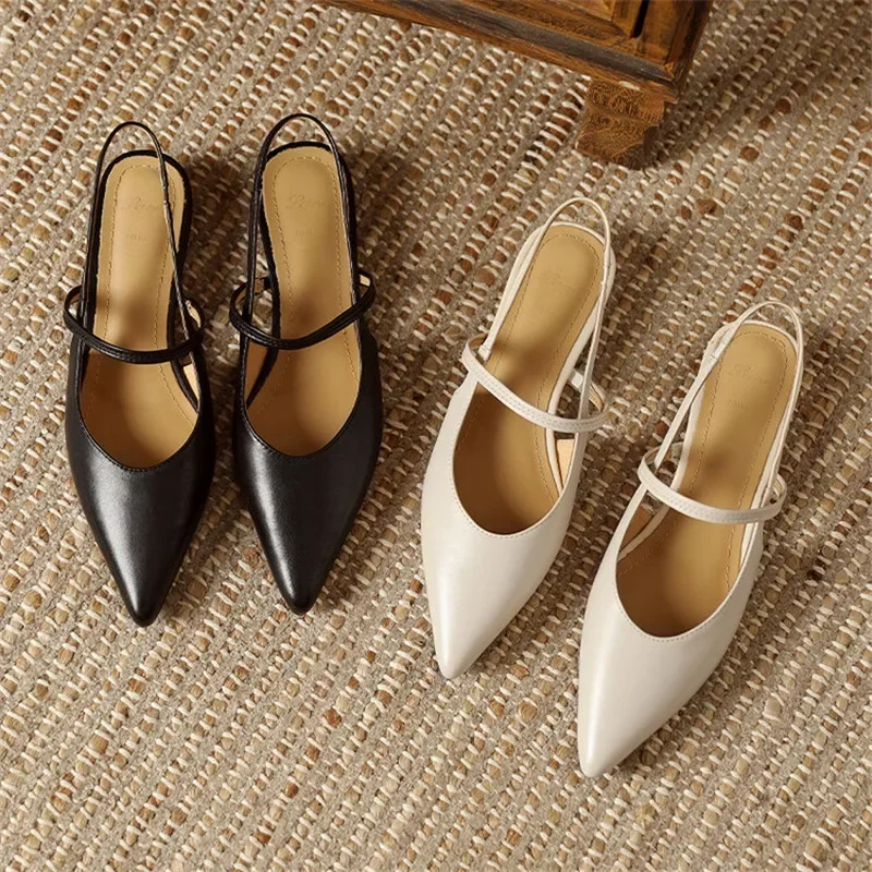

Summer Sandals Sheep Leather Women Shoes Pointed Toe Low Heel Women Pumps Genuine Leather Cover Toe Sandals for Women Handmade