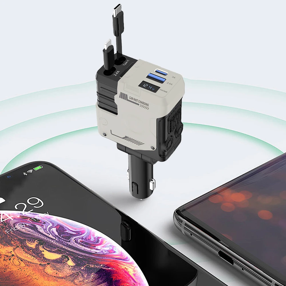 4 in 1 Retractable Car Charger USB C Car Charger Adjustable Angle Fast Charging Adapter Car Adapter for IPhone/Samsung/Huawei