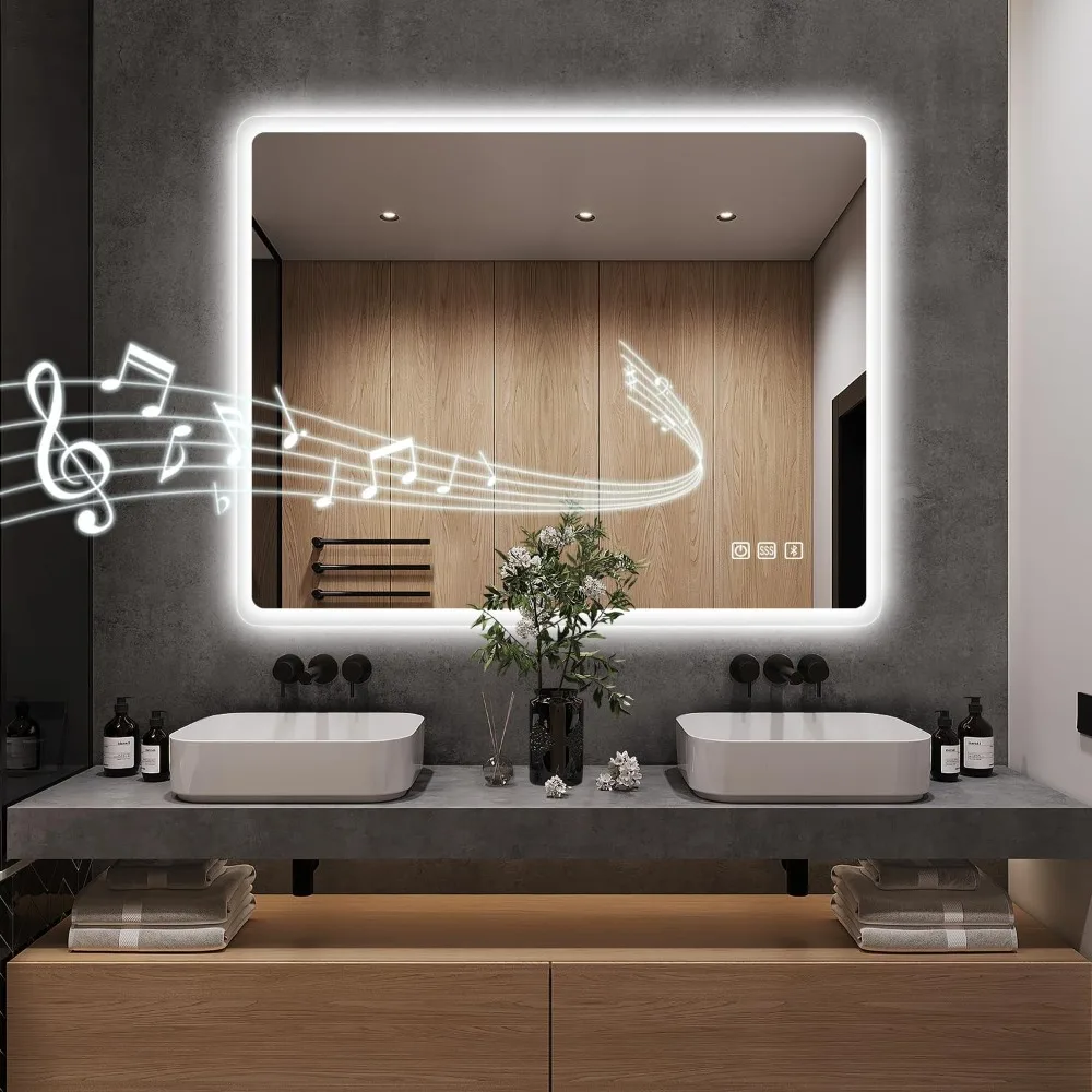 36"x28" LED-Lighted-Bathroom-Mirror, Wall-Mounted-Dimmable-Vanity-Mirror with Bluetooth Speaker, Anti-Fog Waterproof Smart Touch