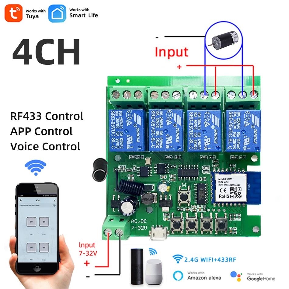 USB 5V DC 12V 24V 32V 4 Channel WIFI Tuya Smart Life Motor Controller Electric Linear Actuator 4CH Pulse Relay RF433 Remote dc motor speed controller motor speed controller electric motor speed controller