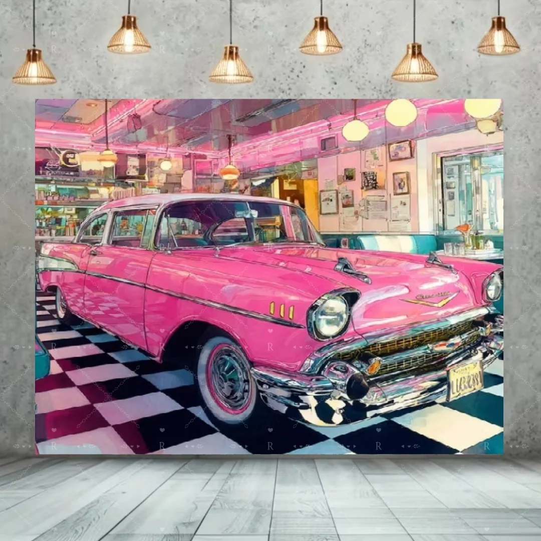 Retro-Restaurant-Themenhintergrund im Stil der 50er Jahre, Rock'n'Roll-Party-Dekorationen, Kulisse mit Auto- und Musikelementen, Fotografie-Requisiten, Banner – Detail 6