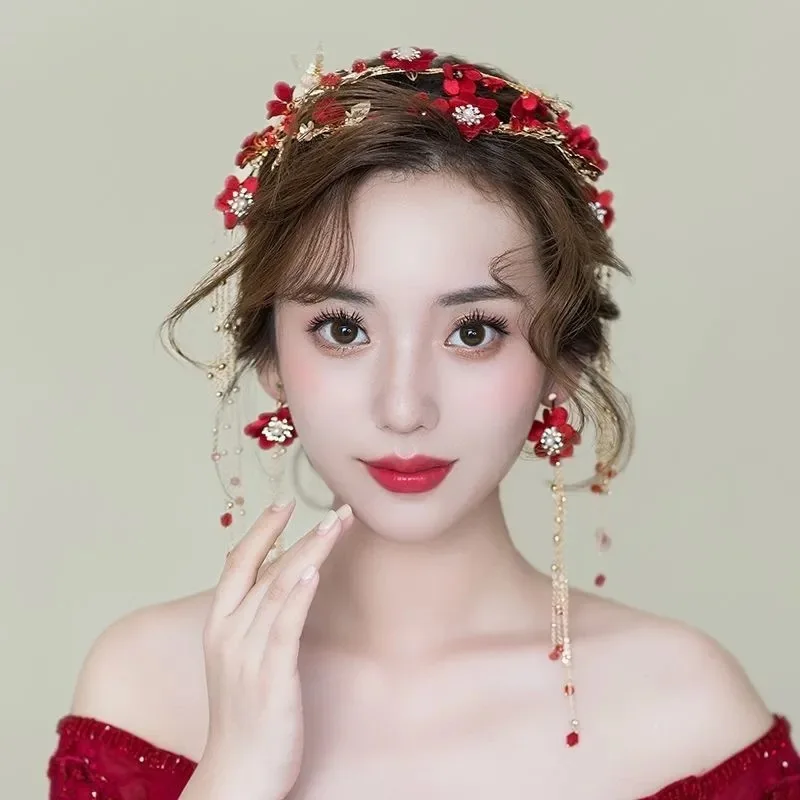 Chinese Women Red Flower Bridal Headpieces Wedding Headbands With Long Tassel Accessories for Brides Tiaras Crowns Headbands