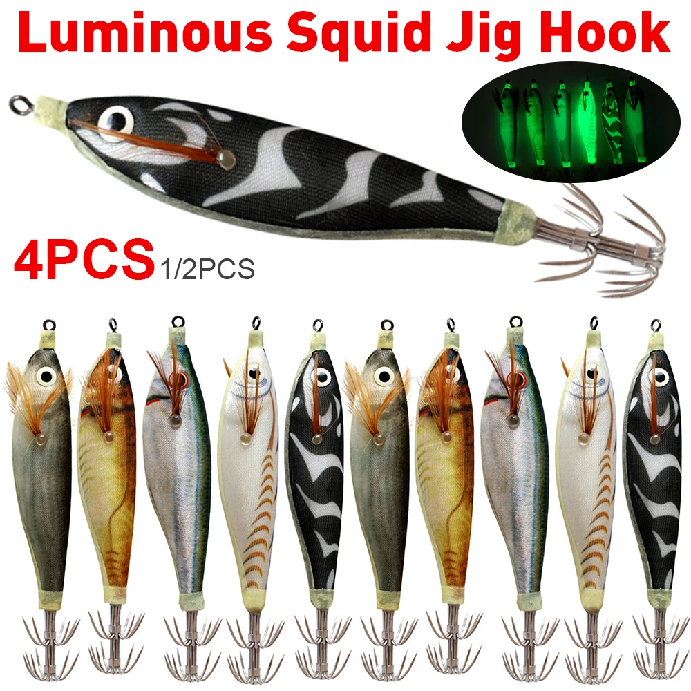 4Pcs Luminous Squid Jig Hook Predator Fishing Lure Perch Lure