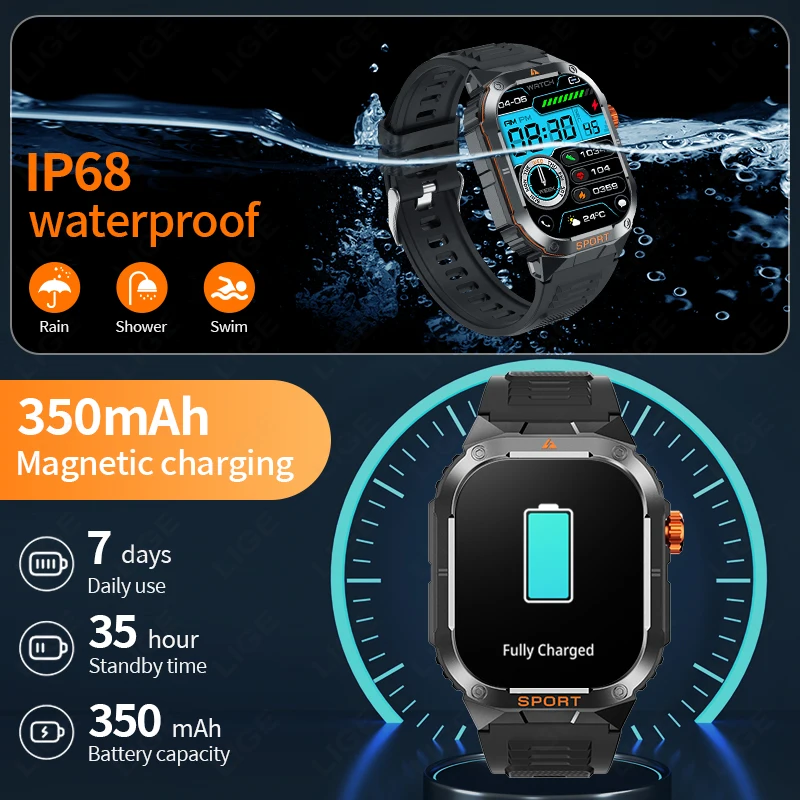 LIGE 2.01" Outdoor Military LED Flashlight Smart Watch Men Call Reminder Waterproof Sports Fitness Smartwatch For Android IOS