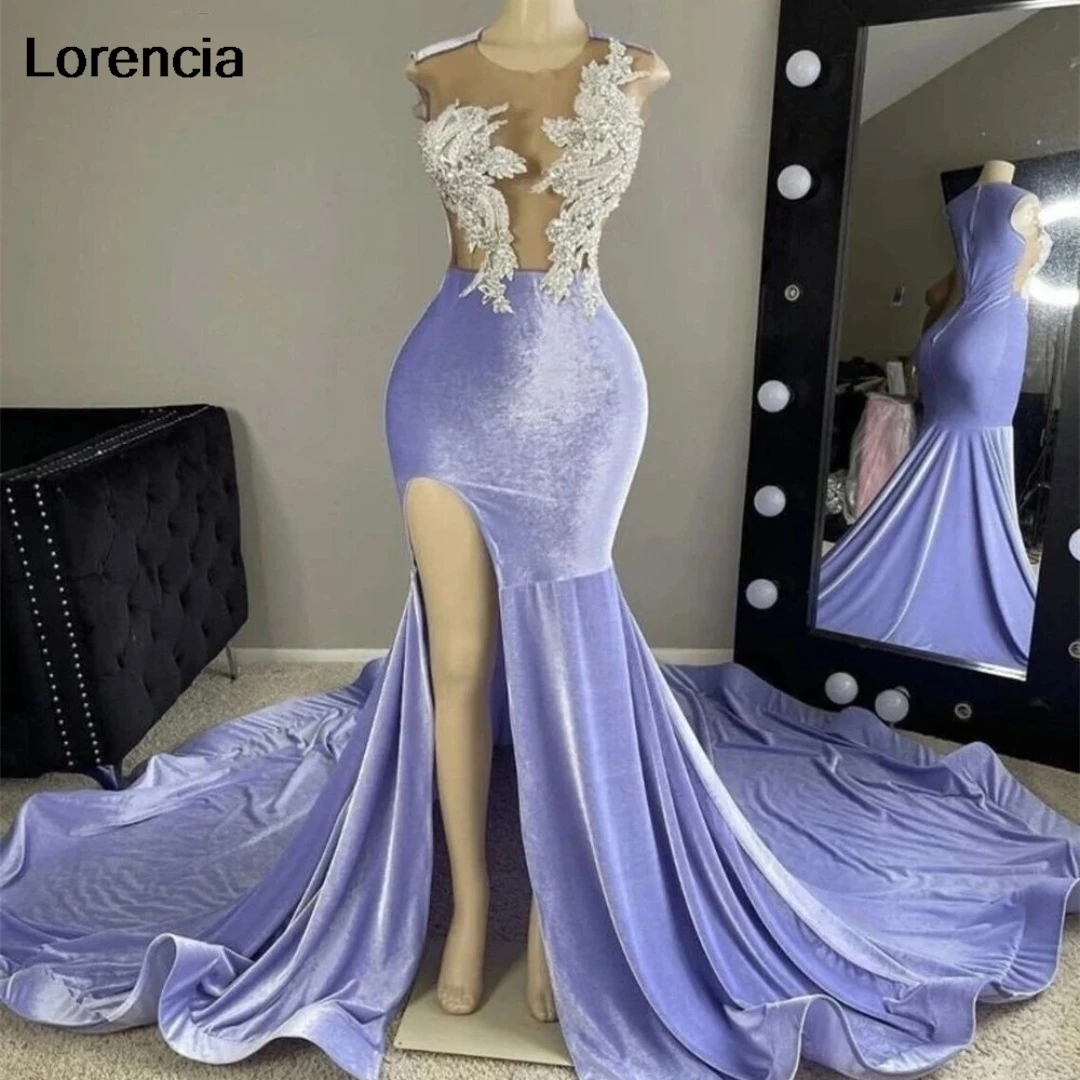 

Lorencia Lilac Velvet Mermaid Prom Party Dress For Black Girls Beaded Crystal Front Split Formal Party Gown Robe De Soiree YPD78