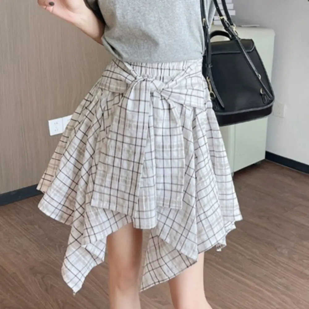 Sweet Irregular Plaid Shirts Skirt A-line High Waist Fake Two-piece Skirts Lace-up Streetwear Plaid Shorts Skirt Girls