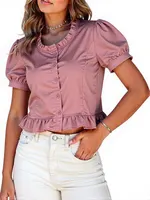 Korean Summer Ruffle Elegant Chiffon Cool Blouse Women Youthful Cute Cropped Tops Chic Short sleeve Feminine Shirt 2