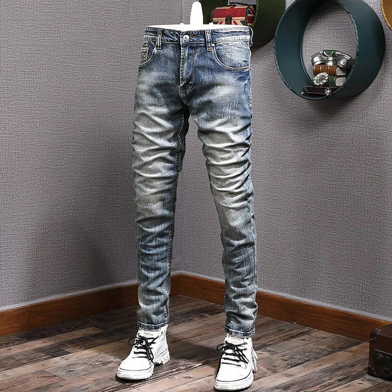 Fashion Designer Men Jeans Retro Blue Elastic Slim Fit Ripped Jeans Men Trousers Italian Style Vintage Casual Cotton Denim Pants