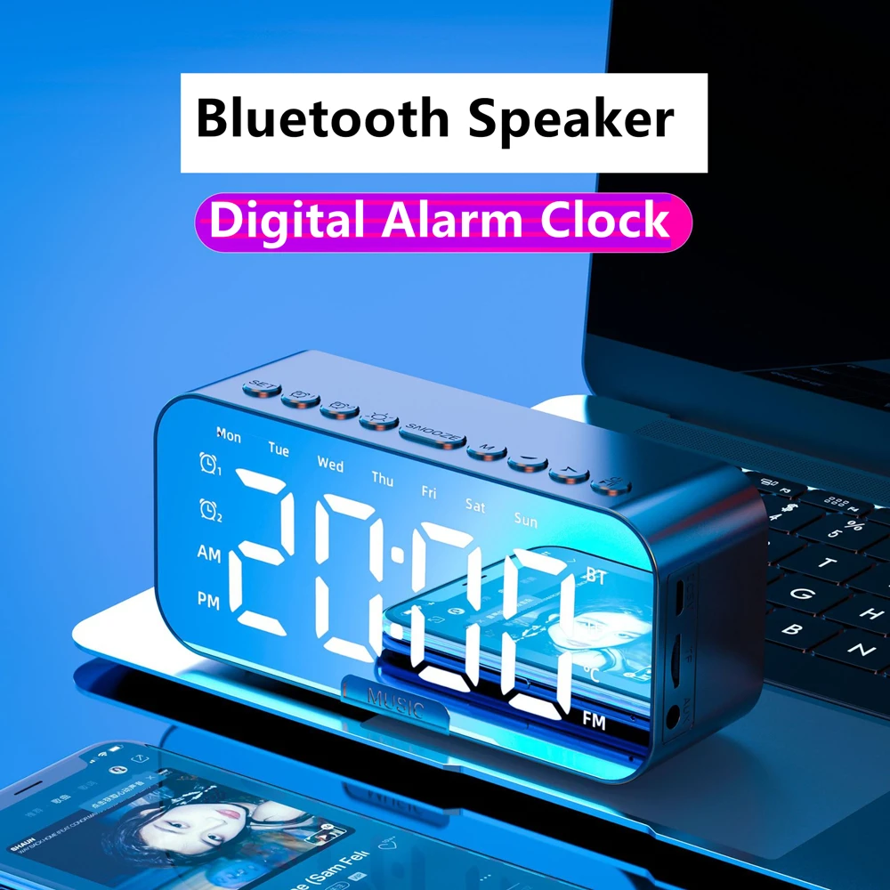 

Bluetooth Speaker with Large LED Mirror Screen Digital Alarm Clock with Phone Holder Temperature TF Card Playback for Bedroom