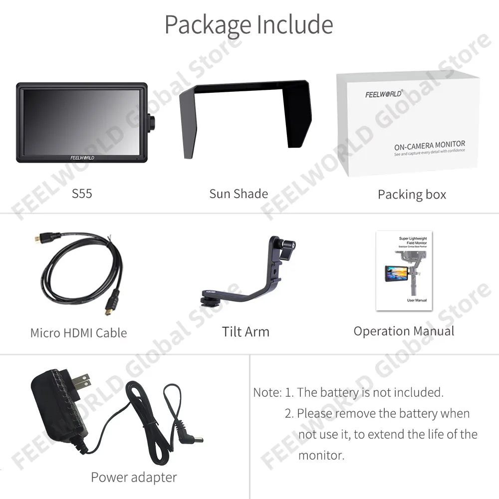 DSLR Field Monitor Do Brasil FEELWORLD S55 5.5 Inch DSLR Camera Field Monitor Focus Assist Small HD 1280x720 IPS 4K HDMI 8.4V DC Out Tilt Arm