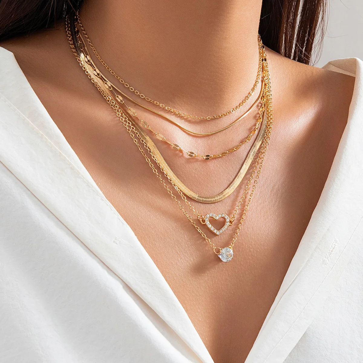 Bls-miracle Fashion Gold Color Heart-Shaped Necklace For Women Trendy Multi-Layer Pendant Necklaces Set Jewelry Gifts images - 6