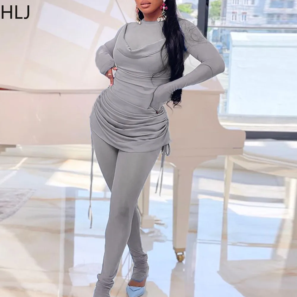 HLJ Sexy Perspective Mesh Drawstring Top And Skinny Pants Two Piece Sets Fashion Pleated 2pcs Outfit Fashion Matching Streetwear women s fashion waistcoat loose pleated dress suit for pregnant 2pcs full sleeve pregnancy dresses sets casual maternity clothes
