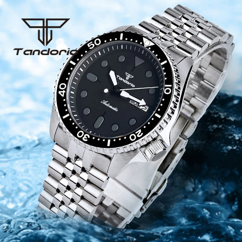 41mm tandorio nh35a 20atm automatic men red sunburst diver watch sapphire glass date luminous rubber steel strap rotating bezel Tandorio 41mm NH36A 200m Men's Automatic Dive Wristwatch 120 Clicks Rotating Bezel Sapphire Glass Week Date Dial Steel Bracelet