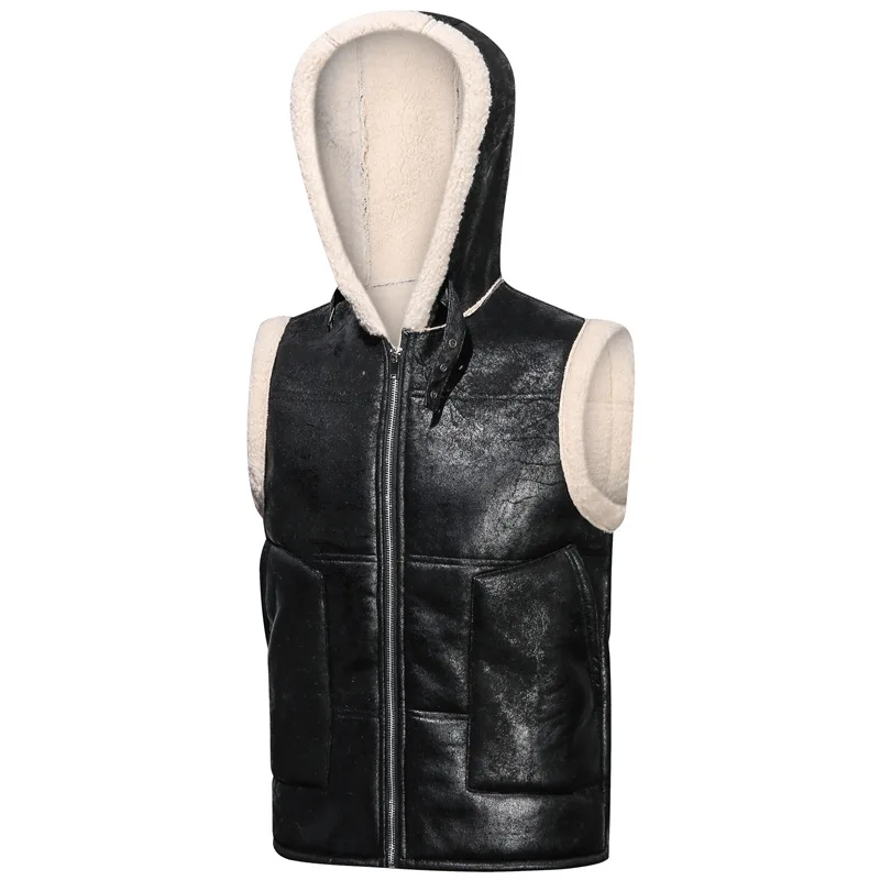 H70 Winter Fashion Cashmere Thicken Warm Hooded Waistcoats for Men Good Quality PU Leather Windprood Large Size Vest Coats Male 2