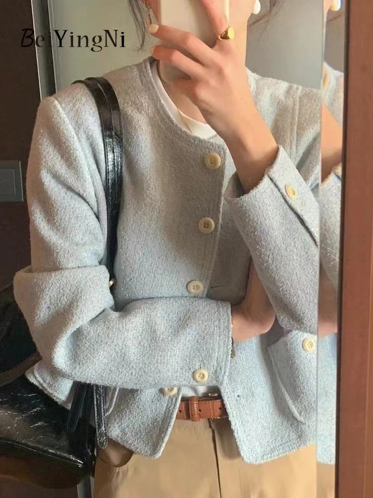 

Beiyingni Female Jackets French Vintage Elegant Chic O-neck Coats Ladies Single-breasted Loose Outwear Tops Women Casual Jacket
