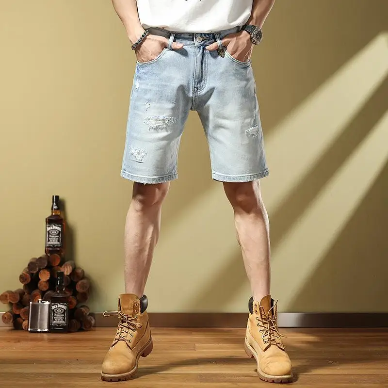 

Summer Simplicity Trendy Brand Light Blue Middle Pants Men's Denim Shorts Light Luxury Youth Worn Denim Shorts 5 Points