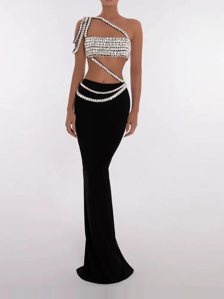 

2024 New Black Design Sense Handmade Beaded Shoulder Bandage+Roman Skirt Fashion Sexy Slim