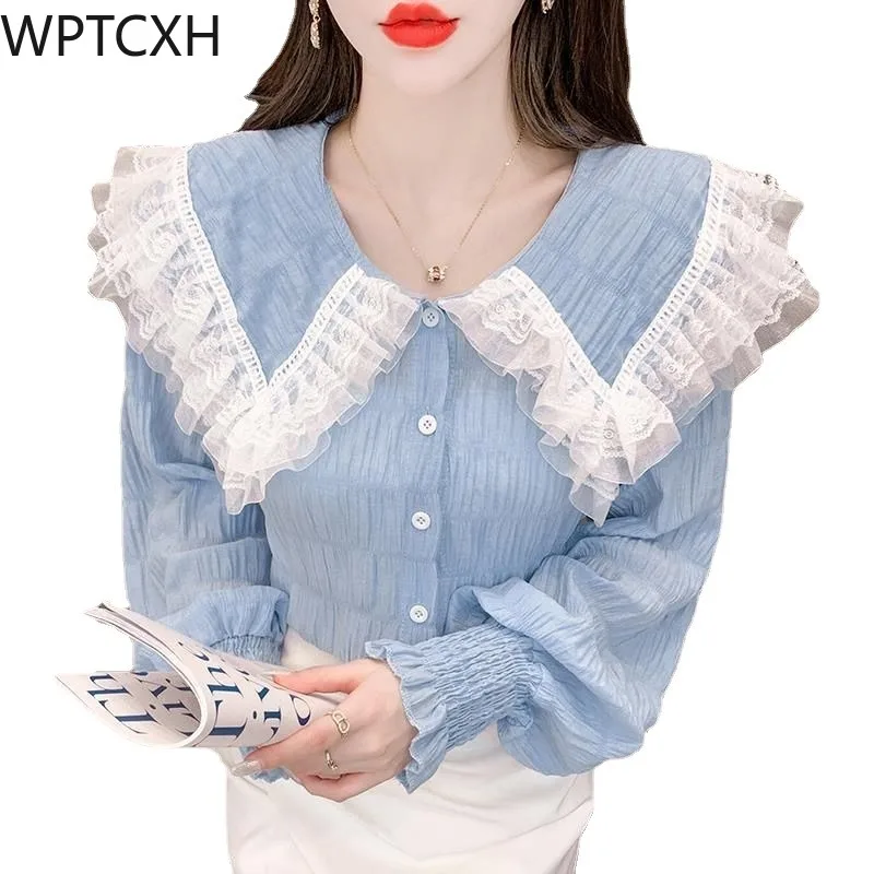 

Sweet Lace Girls Tops Patchwork Design Long Sleeve Shirt Korean Femme Single Breasted Blouses New Spring Autumn Women's Clothing