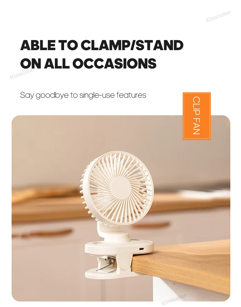 KINSCOTER-Ventilador portátil com Clip, Ventilador recarregável sem