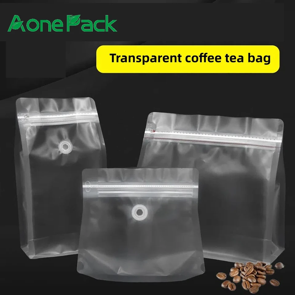 50pcs Wholesale Transparent Square Flat Bottom Packaging Pouches with One  Way Valve Coffee Tea Nuts Mylar Clear Bags