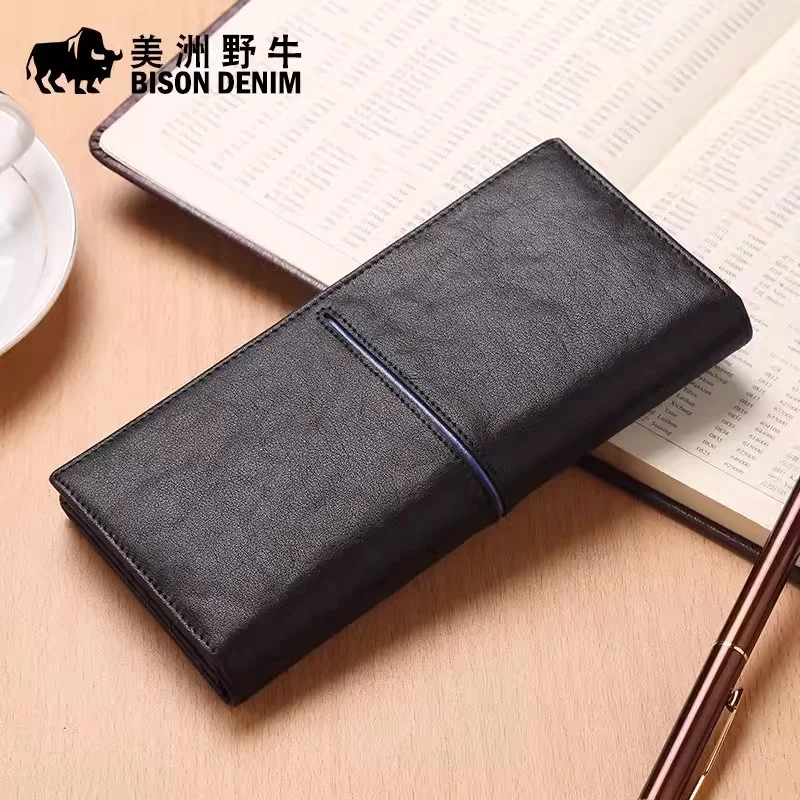 BISON DENIM Cowskin Leather Men Wallets Multi-Functional Cowhide Coin Purse Slim Genuine Leather Wallet Men Card Holders N4437 4