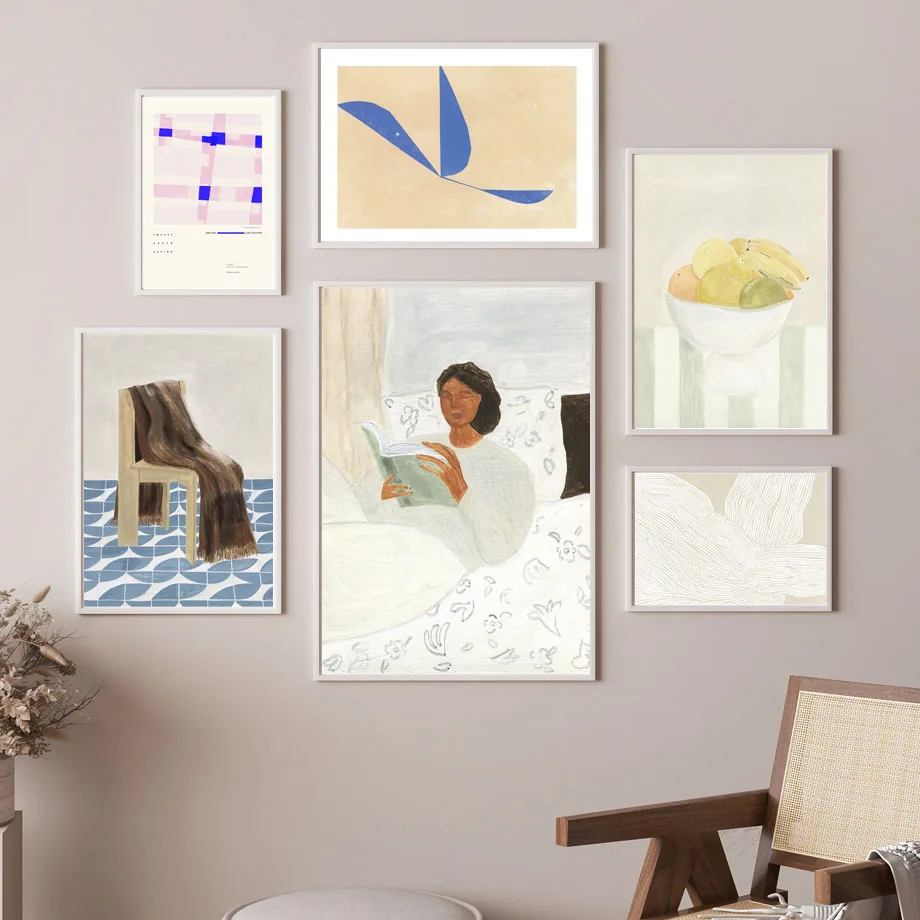 

Morning Read Girl Fruits Chair Abstract Geometry Line Wall Canvas PaintingArt Posters And Prints Wall Picture Living Room Decor