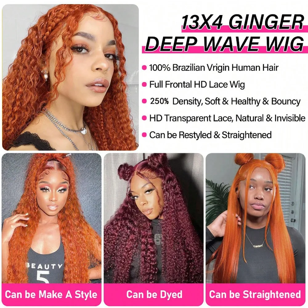 28 Inch Ginger Orange13x4 HD Transparent Lace Frontal Wig for Women 250% Density Curly Lace Front Wigs Human Hair 350#