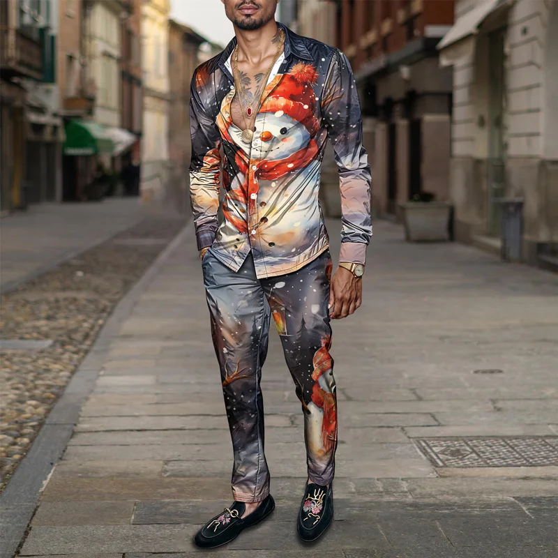 2025 Trendy Spring Summer Men Shirt Set Christmas Print Fashion Gingerbread Man Two Piece Set Mens Snowman Lightweight Party_viptrois.com