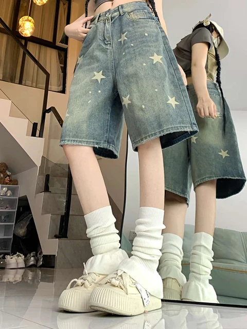 Femmes taille haute américain rétro lavé jambe large jean filles rue faire vieille étoile pantalon en Denim ample femme bleu genou longueur Shorts 5