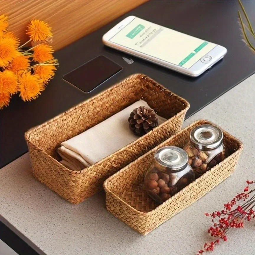 Bathroom Storage Basket Home Storage Basket Box Grass Woven Rectangular Storage Container Sundries Kitchen Drawer Organizer - 4