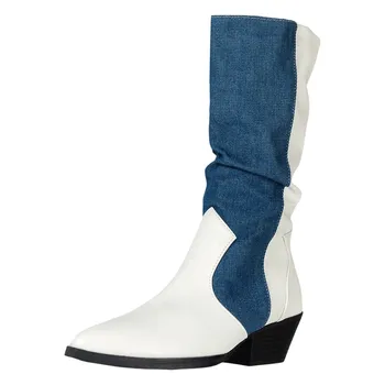 Cowboy Boots For Women Chunky Heel Fashion Slip On Vintage Women'S Casual Shoes Heel Mid Length Boots With Patchwork Boots 3