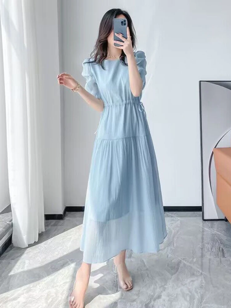 Women Dress Elegant Women Blue Dresses New Drawstring Slim Waist Short Sleeve Summer Dress Korea Fashion Solid color Chiffon Long Dress
