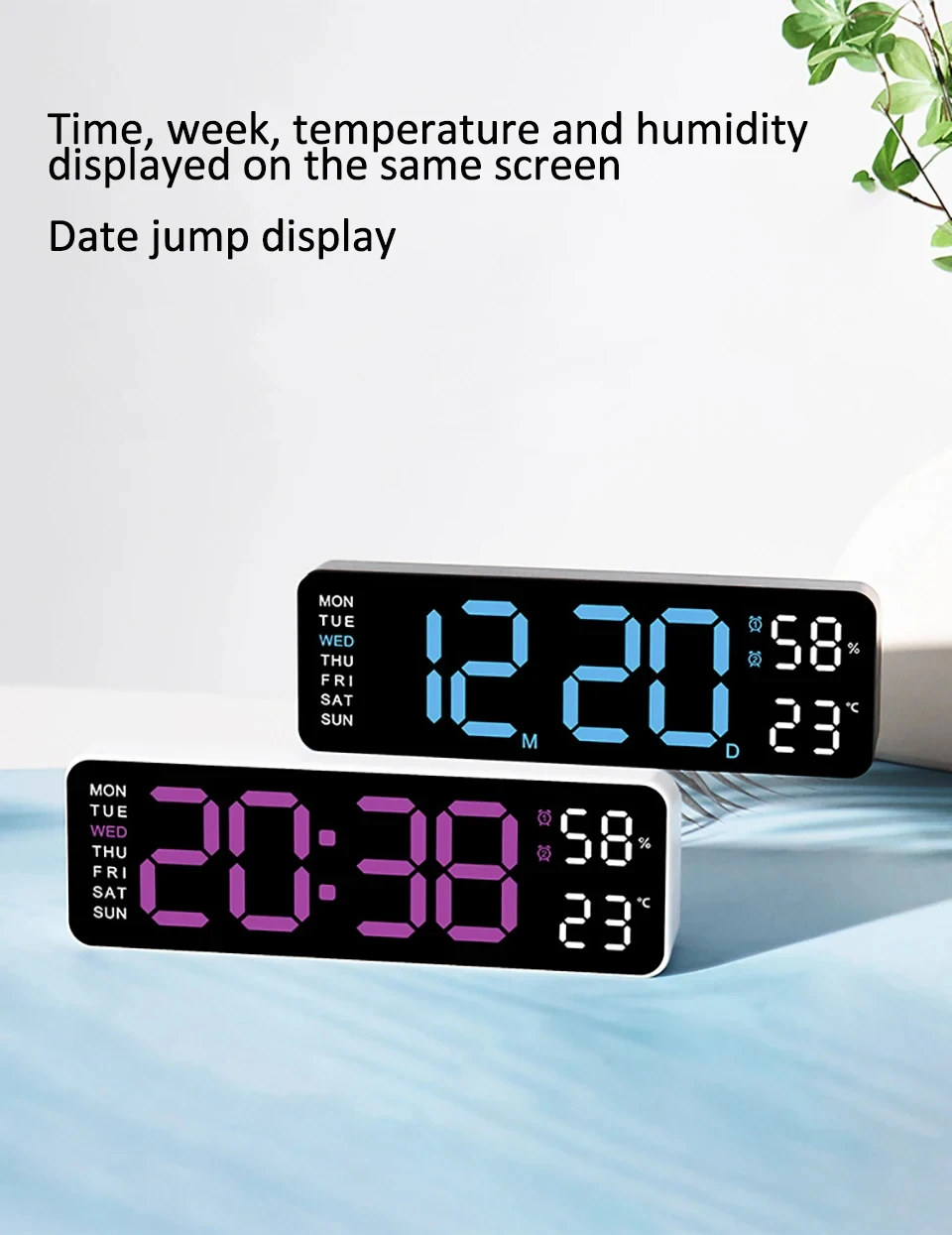 LED Digital Wall Clock Date Time Week Temperature Humidity Display Brightness Adjustable 2-Alarm Electronic Alarm Clock For Home