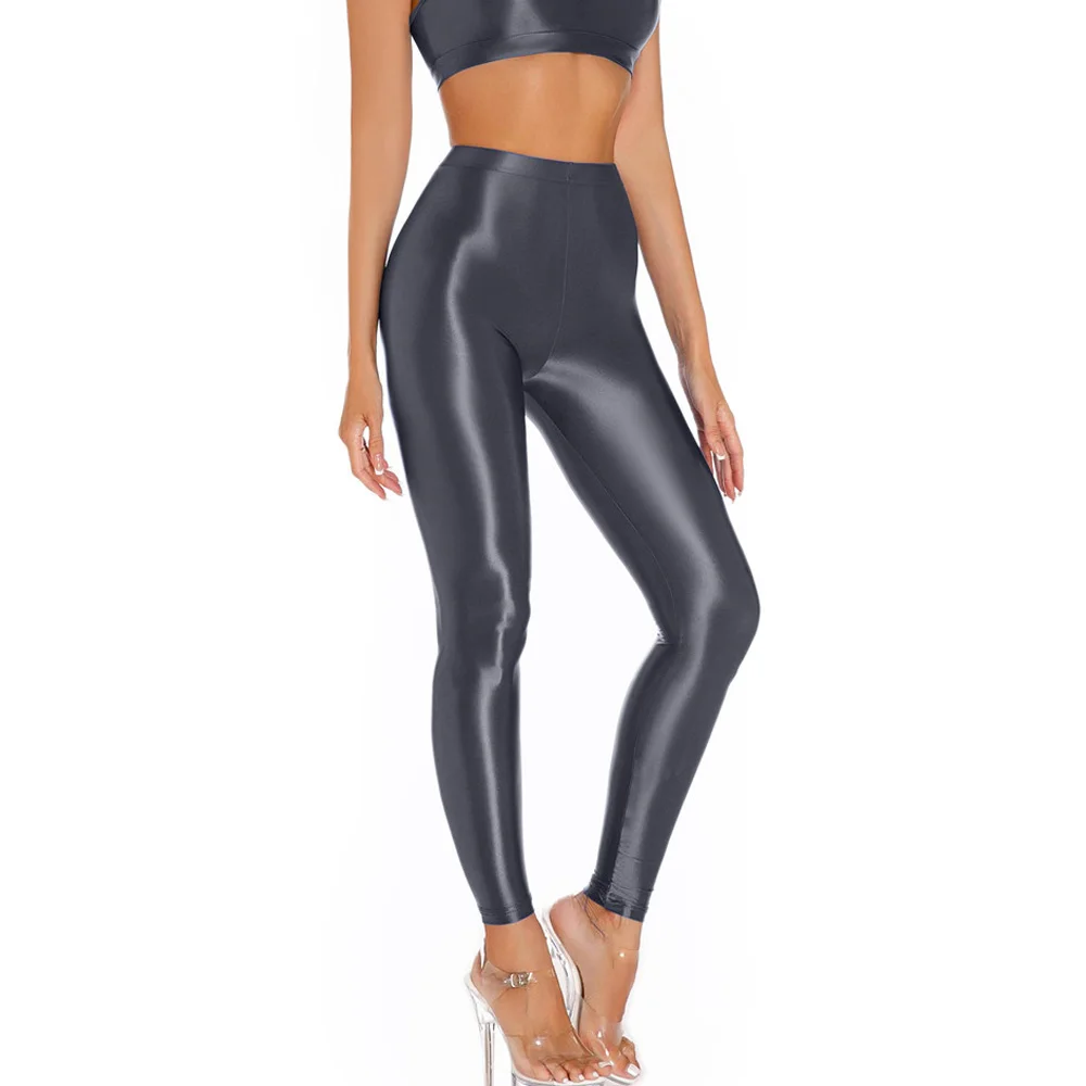 Sexy Shiny Pencil Pants Elastic Oil Glossy Tight Smooth Sheer See Through Leggings Dance Tights Candy Color Leotard 2