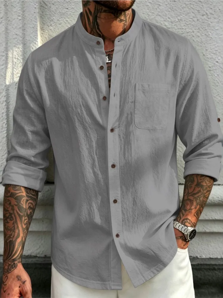 Cotton Linen Shirts for Men Premium Stand-Collar Henley Lightweight Breathable 2