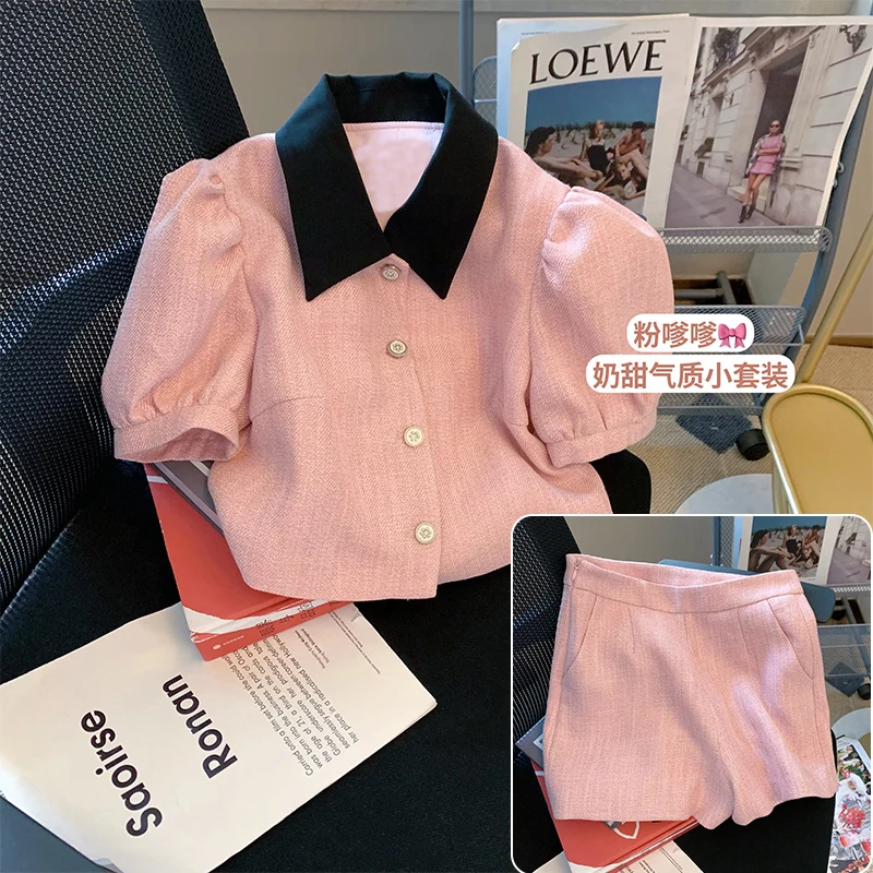 

Sweet Small Fragrance Two Piece Set Women Puff Sleeve Shirt Crop Top + Shorts Sets Korean Fashion Summer 2 Piece Pants Suits