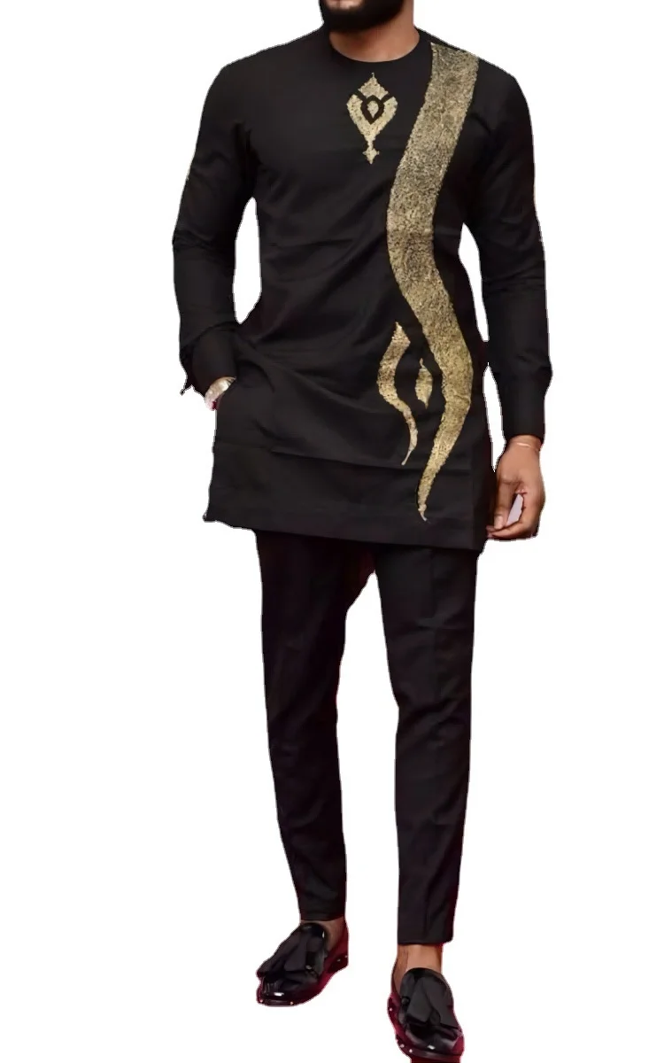 Africa Men Suits Long Sleeves Tops Pants 2 Pieces Sets 2023 New National Style Gilded Men's Suit Round Neck Black Suit 2 Sets