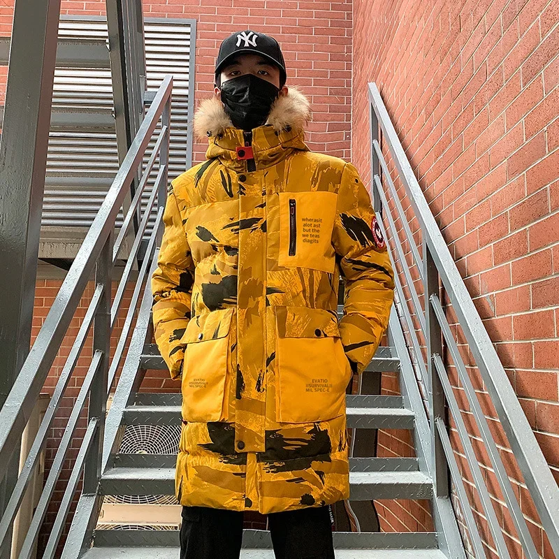 2023 New Winter Jackets Men's Cotton Warm Hooded Long Down Padded Jacket Fall Casual Tops Parka Men's Black Fluffy Coat Yellow