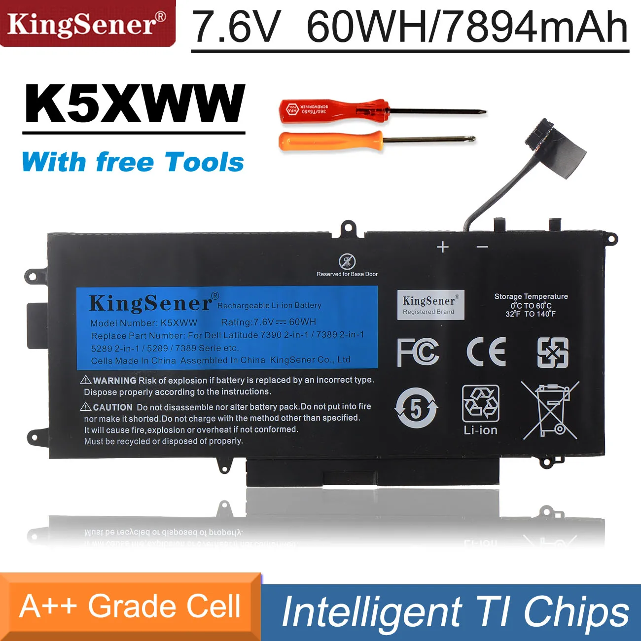 Bateria do Portátil de Kingsener K5xww para Dell Latitude 5289 7389 7390 2-em1 Série Caderno 71tg4 725ky N18gg 7.6v 60wh