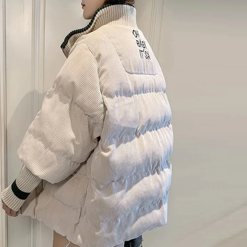 

Fashion Thick Corduroy Parka Coat Women Winter Warm Solid Long Sleeve Puffy Jacket Loose Korean Preppy All Match Outercoat