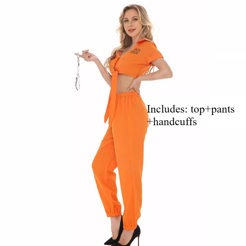 Sexy Women Prisoner Costume Adult Orange Jail Inmate Suit Cosplay Nightclub Police Costume Halloween Party Cosplay Costume Fancy