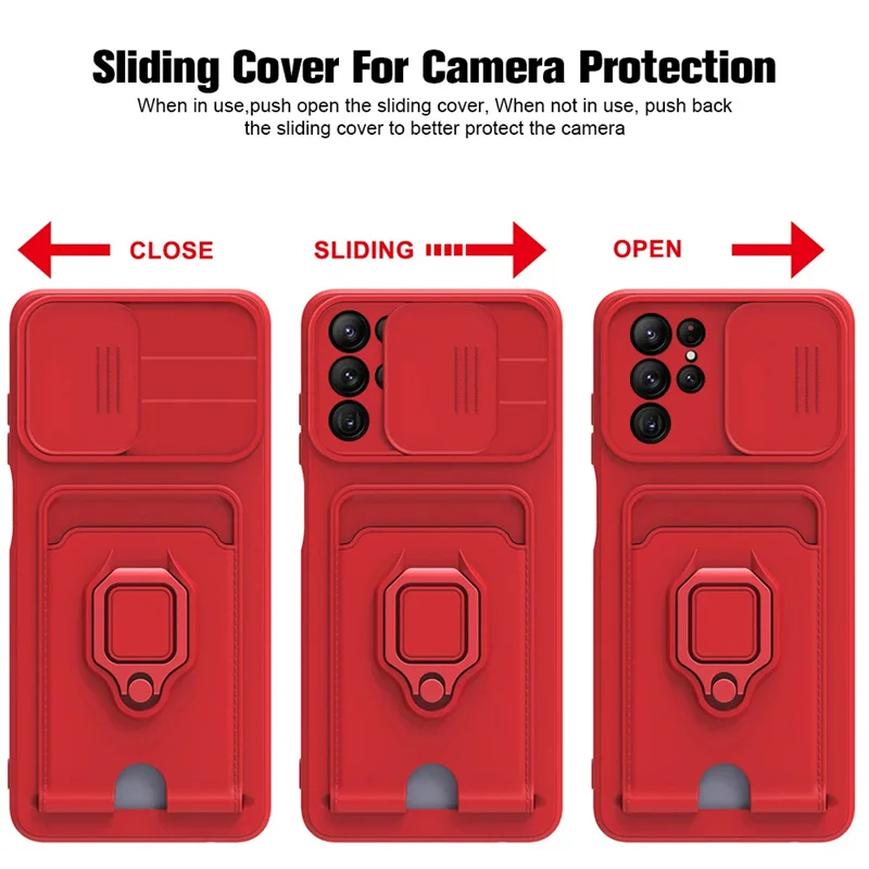 Slide Camera Case with Card Slots and Magnetic Ring Holder - Wallet Silicone Cover