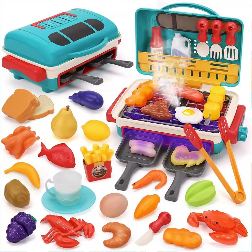 1 Set Kids Electric Simulation 2-Layer BBQ Grill Pretend Play Toy Children Kitchen Barbecue Toy Set with Light Mist