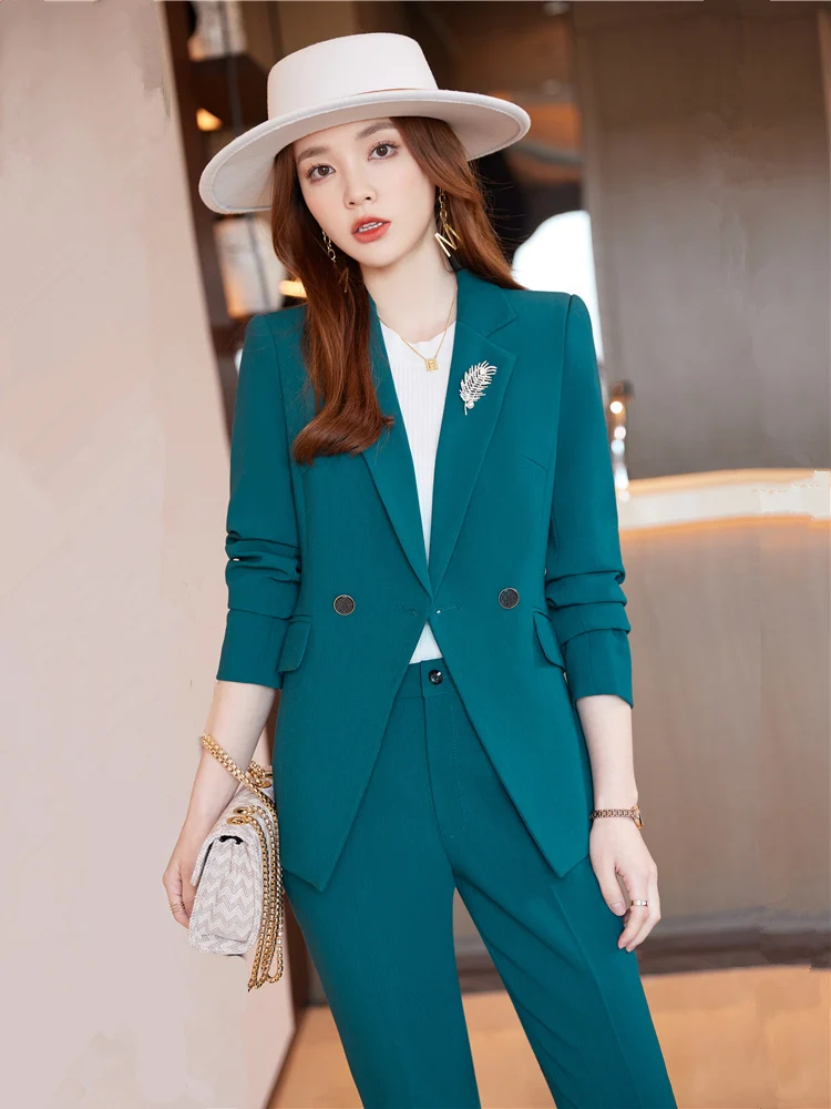 Professional Women's Pants Suit Set 2022 Autumn And Winter New Casual High  Quality Ladies Slim Green Blazer Pants Two-piece