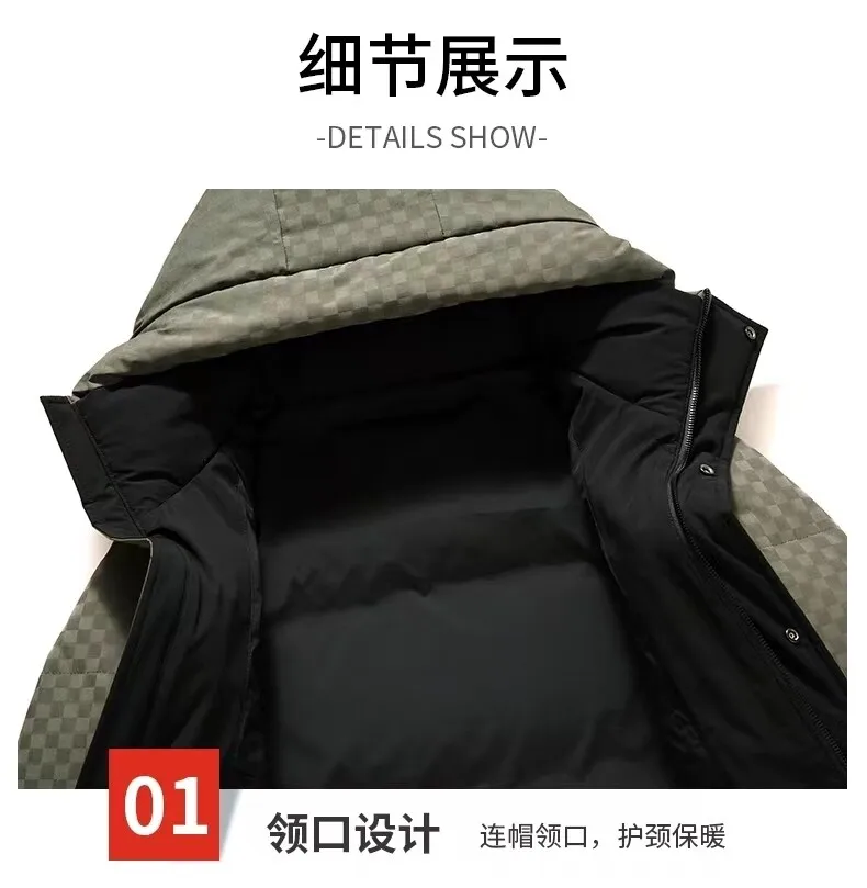 Lässige warme Herren-Erdendunenjacken mit Karomuster und Kapuze, 2025, Winter-Streetwear, karierter Puffermantel, winddichte, gepolsterte Outdoor-Kleidung – Detail 4