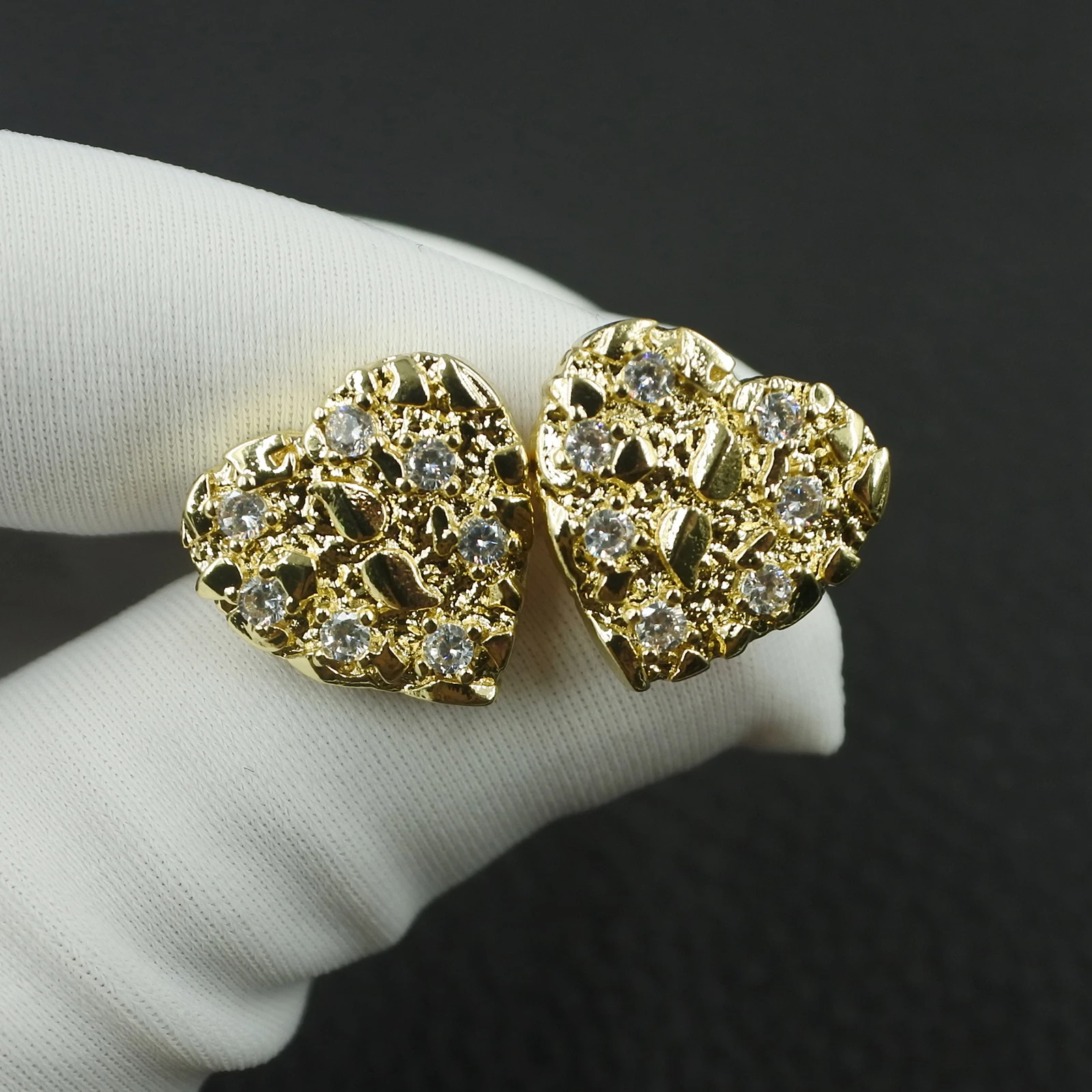 14K Gold Plated Hip Hop Nugget Stud Earrings 8mm-12mm AAA CZ Cubic Zirconia Heart Shape Fashion Jewelry for Men And Women Rock 4