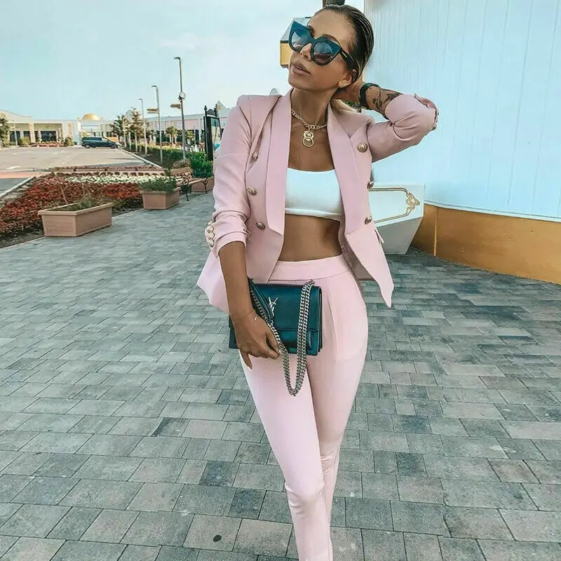 Women's Suit Pant Set 2 Piece Double Breasted Jacket Formal Business Lady Blazer Pants ensemble femme 2 pièces