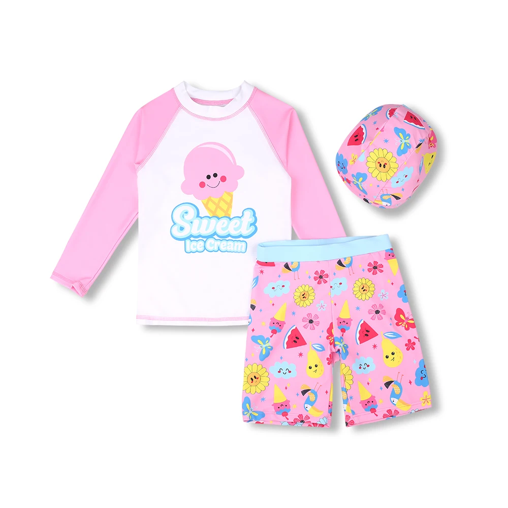 3 Pcs New Girls Swimsuit Sun Protection UPF 50+ Long Sleeves Swimming Trunks Sunsuit With Hat Split Bathing Suits Children girls swimwear