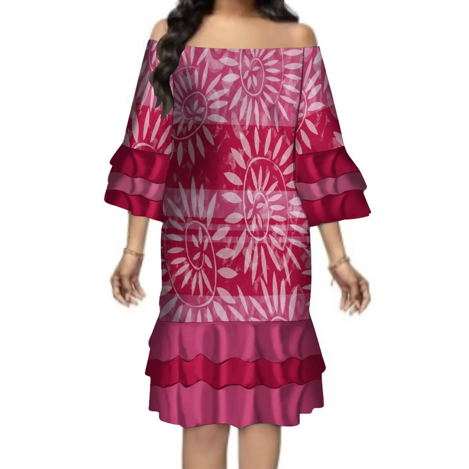 

2023 Women'S Large Size 8xl Off-The-Shoulder Dress Polynesian Tribe Designed Half-Sleeve Multi-Layer Dress Free Shipping