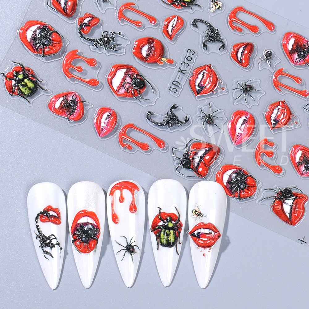 5D Halloween Nail Art Stickers Cartoon Bleeding Spider Pumpkin Design Nail Slider Decals for DIY Manicure Decoration Accessories